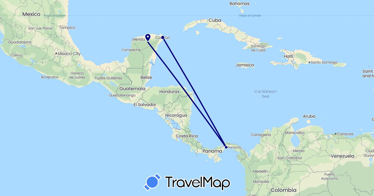 TravelMap itinerary: driving in Mexico, Panama (North America)